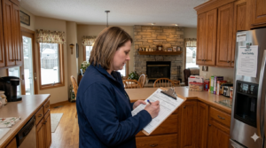 DATCP Inspector looks at clipboard while checking a home for health code violations